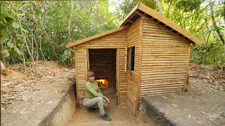 Building Warm Underground Log Cabin Bushcraft Shelter With Wooden roof, Clay Fireplace , Skills