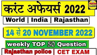 Weekly Current Affairs 2022 ll 14 NOVEMBER To 20 NOVEMBER  ll All Exam Important Question.