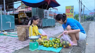 Poor girl cooks and paints. Harvesting sweet tangerines to sell