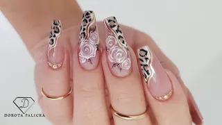 Watch me doing my nails in real time. Animal print with roses nail art. Leopard print nails.