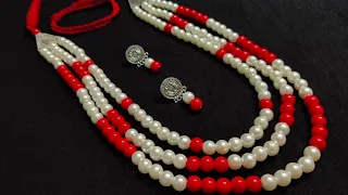 How to make three layer pearl beads necklace।।Layered Necklace making with pearl beads & glass beads