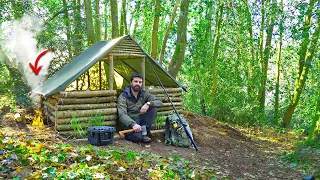 SURVIVAL SHELTER WITH FIREPLACE - 2 Days Solo Bushcraft in the woods!