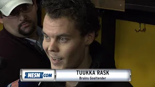 Tuukka Rask reacts to Bruins' win over Sabres