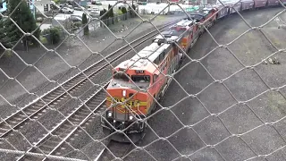 (Northbound) BNSF Grain Train slowly passes through the Dock Street Bridge and stops.