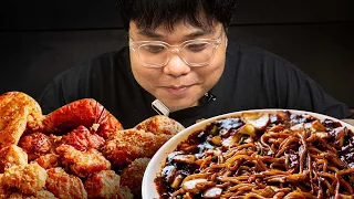 Black Bean Noodle Mukbang with Crispy Fried Chicken, and Kimchi Pancakes | ASMR Eating Show