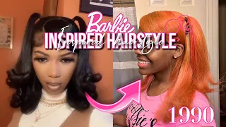 90s / y2k inspired flipped ends hair tutorial|Barbie ponytails half up half down w/ side swoop easy