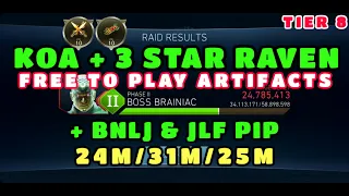 FREE TO PLAY ARTIFACTS - KOA + 3 STAR RAVEN vs PHASE 2 T8 - 24 MIL DMG - INJUSTICE 2 MOBILE