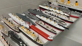 Review of All Titanic, Britannic, Edmund Fitzgerald Ships Lined up and Titanic Model Sinking Video