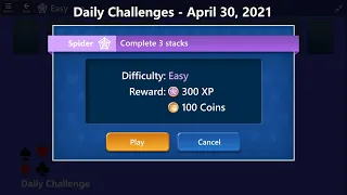 Microsoft Solitaire Collection | Spider - Easy | April 30, 2021 | Daily Challenges