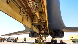 Insane powerful B-1B Lancer. Loading cruise missiles and Takeoff with Full Afterburners. The Bone