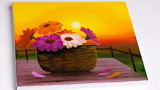 Acrylic Painting Bouquet of Flowers | Sunset Painting | Easy for Beginners