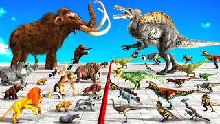 10 Dinosaurs vs 10 Prehistoric Mammals Animal Revolt Who Can Survive Passing Through The Lava River