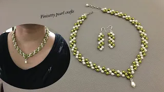 How to make pearl wavy necklace or bracelet/Pearl pendent necklace -earrings tutorial/Beaded jewelry