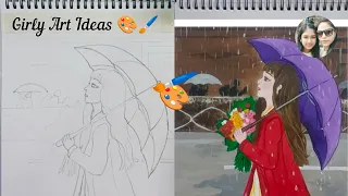 Beautiful Acrylic Painting Of A Girl In  Rain ☔/Cute Girl Drawing Easy Steps For Beginners