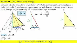 Objętość i kąty w ostrosłupie - Matura podstawowa - Maj 2020 | Matfiz24.pl