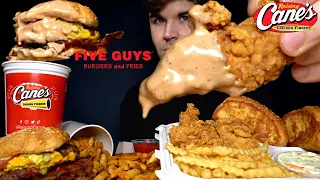 ASMR MUKBANG EXTRA CANES SAUCE FIVE GUYS DOUBLE BURGER CHICKEN & FRIES | WITH CHEESE | Magic Mikey