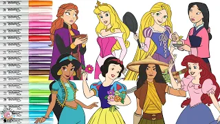 Disney Princess Coloring Book Compilation Jasmine Snow White Ariel Mulan Raya Aurora Anna Rapunzel