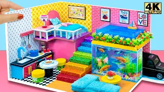 ❤️ DIY Miniature Cardboard House #5 with Car Garage, Modern Bedroom, Mini Swimming Pool and Aquarium