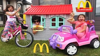 McDonald's drive thru prank kids on bicycle power wheel ride on car