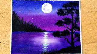 For Beginners -Acrylic Painting /Full Moon Painting/Easy Moonlight Night Painting step by step