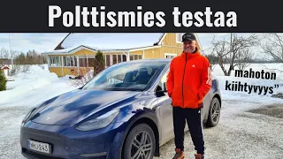 Mersumies Kimmon ensitesti sähköautolla. Tesla Model Y.