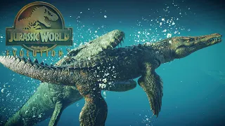 TODOS LOS DINOSAURIOS MARINOS PELEAN EN LAGUNA! Reptiles marinos cazando Jurassic World Evolution 2