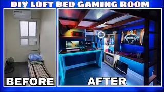 DiY Loft Bed  Gaming Area | Small Room Makeover Ultimate Gaming Room Setup w/ LED expert Lighting