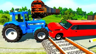 Big and small: Tractor vs train Crash test 069 - Double Flatbed Trailer Truck Vs Speedbumps - Chotu