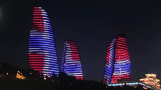 Flame Towers Baku with all Europe Flags