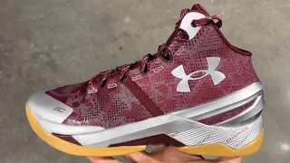 Under Armour Curry 2 Burgundy Red Silver Basketball Shoes