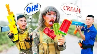Battle Nerf War: Witchcraft & Blue Police Nerf Guns Robbers Group Brother ICE CREAM BATTLE