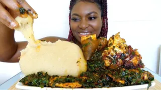 Asmr mukbang efo riro soup with cassava fufu( spinach soup ) Nigerian food