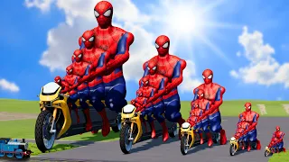 Big & Small Spidermans on a Big & Small motorcycle vs Thomas Train | BeamNG.Drive