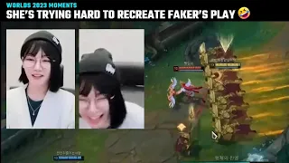 Cute: She's trying so hard to recreate Faker's Azir play 🤣🤣 | T1 vs JDG | Worlds 2023 | Faker GOAT