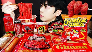 ASMR MUKBANG | Convenience store RED Color Food (Fire noodles, Dessert, Cheetos, chicken)Korean Food