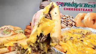 MUKBANG EATING Philly's Best CHEESY Philly Cheesesteak Sandwich Cheesesteak Fries Krispy Kreme Donut