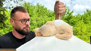 Chicken under a thick layer of salt baked until it’s falling apart.