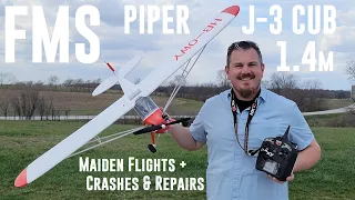 FMS - Piper J-3 Cub - 1.4m - Maiden Flights + Crashes + Repairs + Final Adjustments