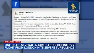 1 dead, others injured after 'severe' turbulence on Singapore Airlines flight, carrier says