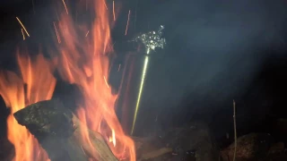 Solo Campfire deep in the woods, cooking meat and boiling water with SS Nalgene bottle.