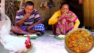 house pet country chicken curry cooking & eating by santali tribe couple || chicken curry recipe