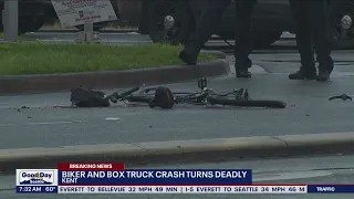 Biker, box truck crash turns deadly in Kent