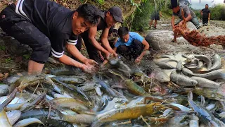 Village style of fishing at river got lots of shrimps fish