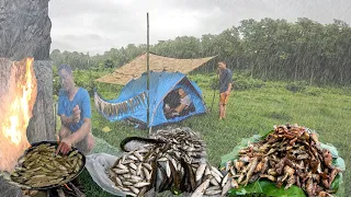 Rain Camping & Thunderstorm ! Camping in Heavy Rain ! Fishing in River Cooking and Eating