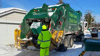 Waste Management Autocar McNeilus Rear Loader Garbage Truck in the Snow