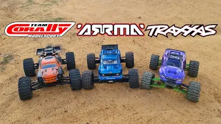 Battle Of The Stunt Trucks , Team Corally Jambo Vs Arrma Outcast 4s Vs Traxxas Maxx