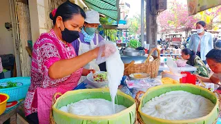 Cambodia Rice Noodles (Nom Banh Chok) Yellow Pancake, Beef, Egg, Meatball, & More - Street Food