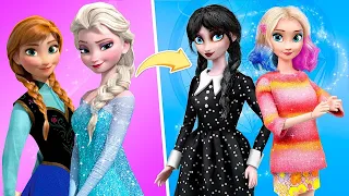 Elsa y Anna transformadas en Merlina y Enid / 33 DIYs de Frozen para muñecas