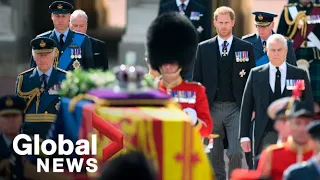 Queen Elizabeth’s coffin escorted by King Charles, Prince William and Harry to Parliament | FULL