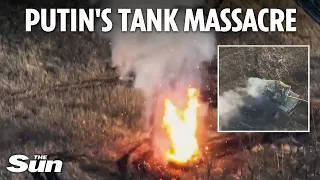 New battlefield footage shows entire column of 11 Russian tanks obliterated by Ukrainian drones